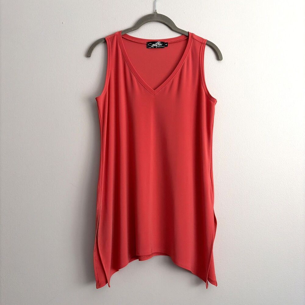Sympli V Neck Sleeveless Top Tunic Side Slits Pink Size 8 Minimalist Stretchy